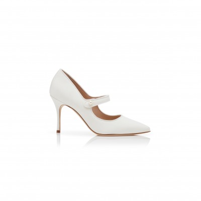 MANOLO BLAHNIK CAMPARIPEARL WHITE CREPE DE CHINE MARY JANE PUMPS 424-2023-0001